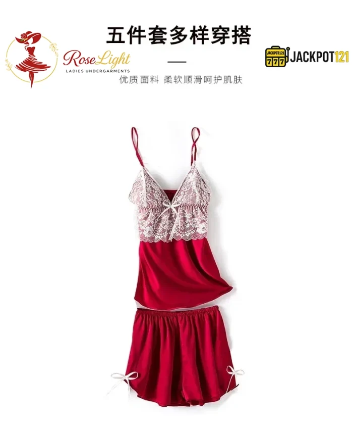 4-Piece Satin Silk Pajama Set for Women – Lace Cami, Shorts, Pants & Nightwear - Image 15