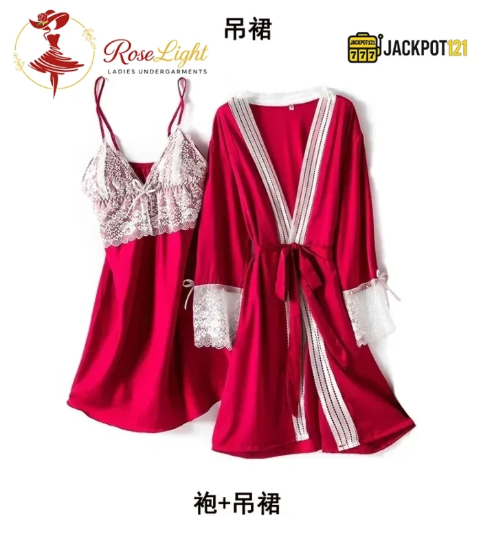4-Piece Satin Silk Pajama Set for Women – Lace Cami, Shorts, Pants & Nightwear - Image 16
