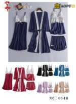 4-Piece Satin Silk Pajama Set for Women – Lace Cami, Shorts, Pants & Nightwear - Image 3