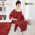 2-Pcs Satin Slip Nightwear – Elegant Lace Maxi Set - Image 10