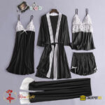 4-Piece Satin Silk Pajama Set for Women – Lace Cami, Shorts, Pants & Nightwear - Image 4