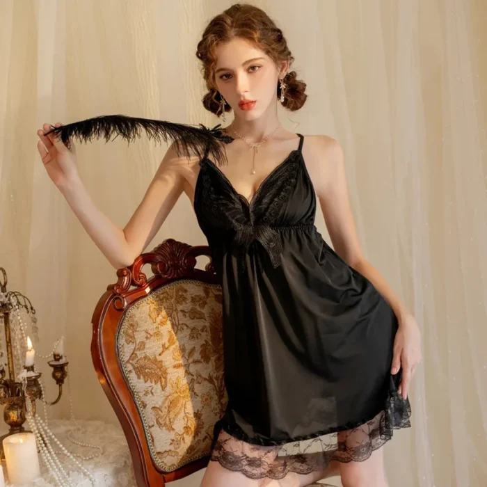 V-Neck Floral Lace Front Butterfly Lingerie – Satin Silk Nighty - Image 2