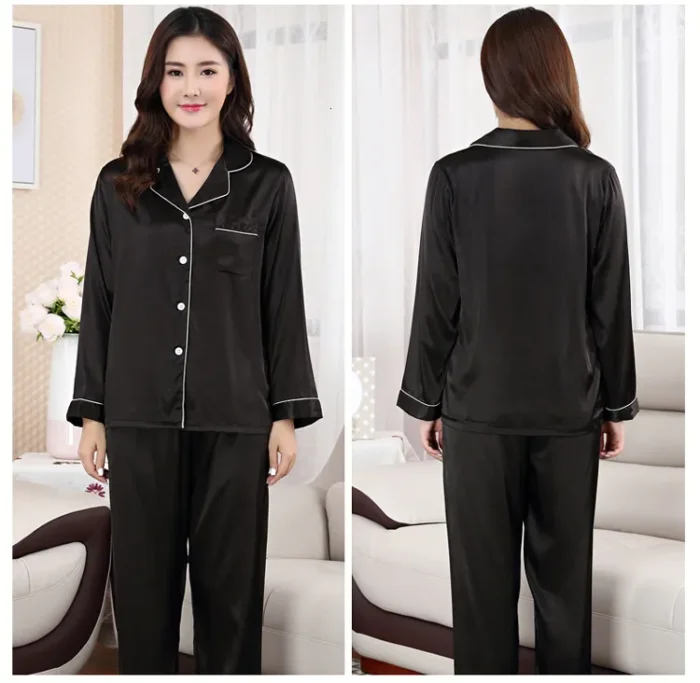 Women’s Silk Satin Pajama Set – Turn-Down Collar Full-Length Summer Sleepwear - Image 3
