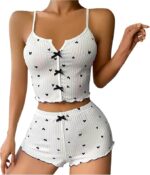 LAZANA Heart Print Ribbed Frill Trim Pajama Set – Cute Crop Cami & Shorts - Image 2