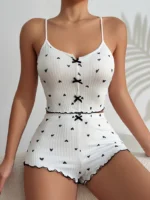LAZANA Heart Print Ribbed Frill Trim Pajama Set – Cute Crop Cami & Shorts - Image 3