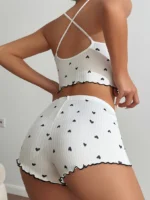 LAZANA Heart Print Ribbed Frill Trim Pajama Set – Cute Crop Cami & Shorts - Image 6