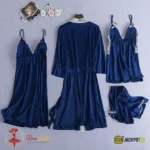 4-Piece Satin Silk Pajama Set for Women – Lace Cami, Shorts, Pants & Nightwear - Image 2