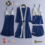 4-Piece Satin Silk Pajama Set for Women – Lace Cami, Shorts, Pants & Nightwear