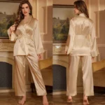 Luxe Lace-Trim Satin Pajama Set with Robe – 3-Piece Luxury Collection - Image 4
