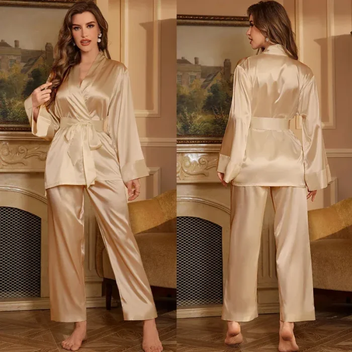 Luxe Lace-Trim Satin Pajama Set with Robe – 3-Piece Luxury Collection - Image 4