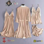 4-Piece Satin Silk Pajama Set for Women – Lace Cami, Shorts, Pants & Nightwear - Image 7