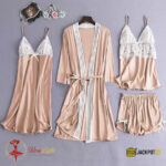 4-Piece Satin Silk Pajama Set for Women – Lace Cami, Shorts, Pants & Nightwear - Image 6