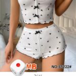 LAZANA Heart Print Ribbed Frill Trim Pajama Set – Cute Crop Cami & Shorts