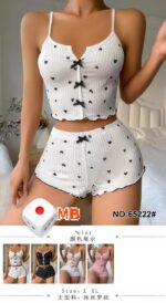 LAZANA Heart Print Ribbed Frill Trim Pajama Set – Cute Crop Cami & Shorts