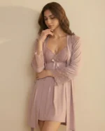 Lace & Soft Satin 3-Piece Bridal Nightwear Set with Robe - Image 3