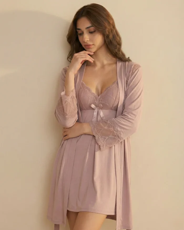 Lace & Soft Satin 3-Piece Bridal Nightwear Set with Robe - Image 3