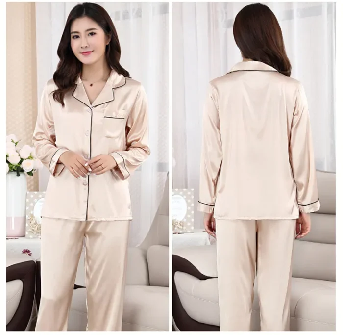 Women’s Silk Satin Pajama Set – Turn-Down Collar Full-Length Summer Sleepwear - Image 5