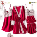 4-Piece Satin Silk Pajama Set for Women – Lace Cami, Shorts, Pants & Nightwear - Image 13