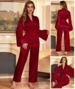 Luxe Lace-Trim Satin Pajama Set with Robe – 3-Piece Luxury Collection - Image 6