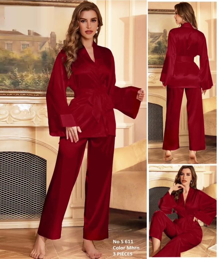Luxe Lace-Trim Satin Pajama Set with Robe – 3-Piece Luxury Collection - Image 6