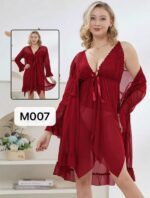 Moonlit Desire Lace Nighty – 3-Piece Maroon Net Lingerie Set - Image 3