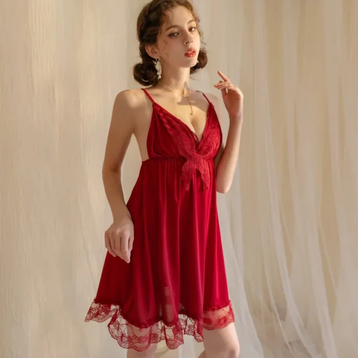 V-Neck Floral Lace Front Butterfly Lingerie – Satin Silk Nighty - Image 4