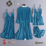 4-Piece Satin Silk Pajama Set for Women – Lace Cami, Shorts, Pants & Nightwear - Image 9