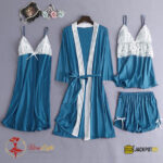 4-Piece Satin Silk Pajama Set for Women – Lace Cami, Shorts, Pants & Nightwear - Image 8