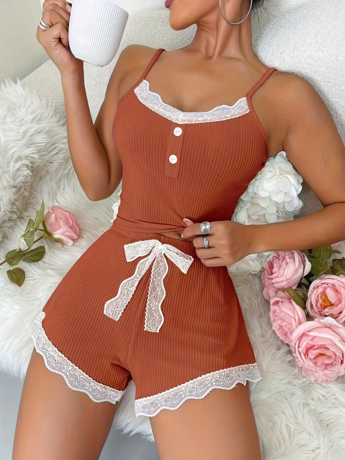 Women’s Sexy Camisole Lace Patchwork Shorts Loungewear Set - Image 7