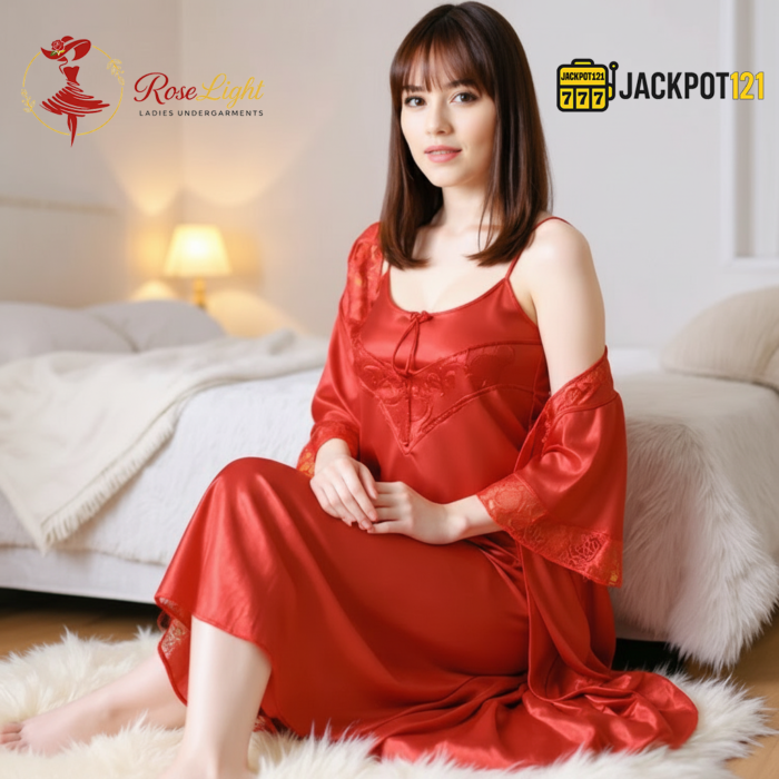 2-Pcs Satin Slip Nightwear – Elegant Lace Maxi Set - Image 3
