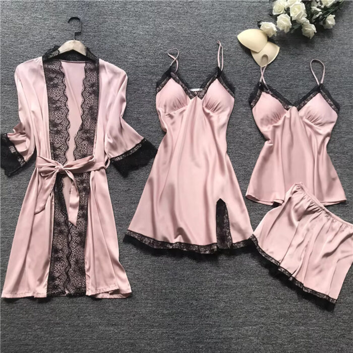 Korean-Style Strappy Satin Pajama Set with Chest Pads – Luxury Homewear Collection - Image 3