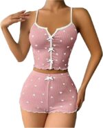 LAZANA Heart Print Ribbed Frill Trim Pajama Set – Cute Crop Cami & Shorts - Image 10