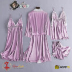 4-Piece Satin Silk Pajama Set for Women – Lace Cami, Shorts, Pants & Nightwear - Image 11