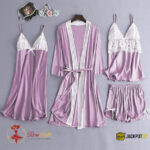 4-Piece Satin Silk Pajama Set for Women – Lace Cami, Shorts, Pants & Nightwear - Image 10