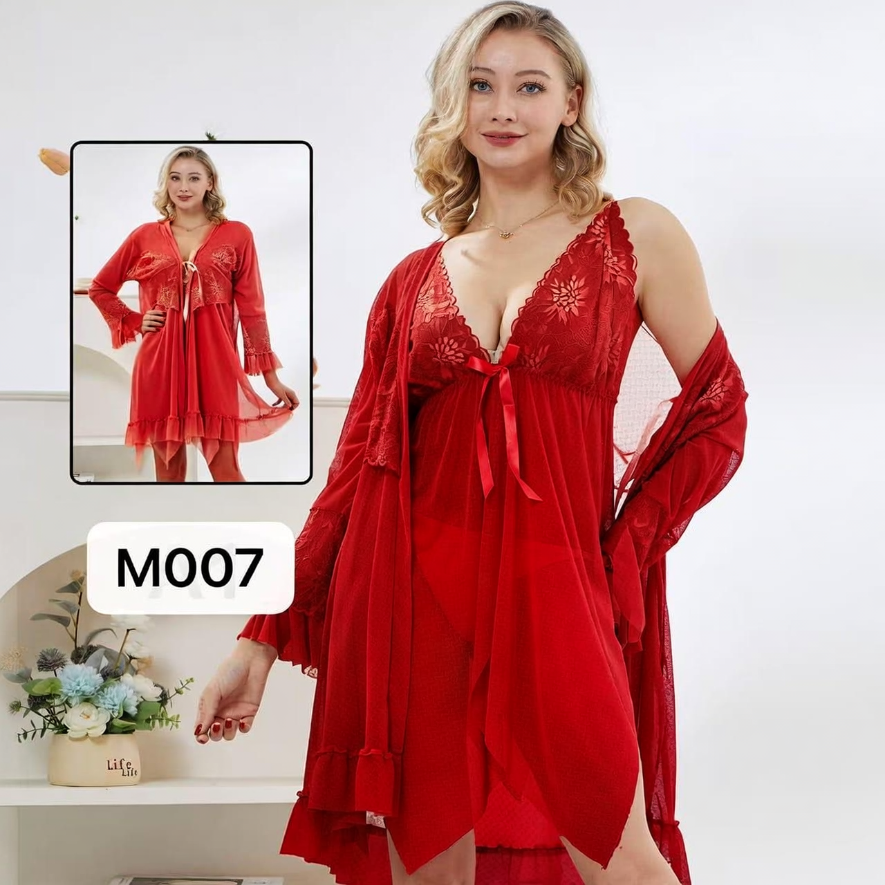 Red - Moonlit Desire Lace Nighty – 3-Piece Maroon Net Lingerie Set Moonlit Desire Lace Nighty – 3-Piece Maroon Net Lingerie Set - Image 1