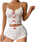 LAZANA Heart Print Ribbed Frill Trim Pajama Set – Cute Crop Cami & Shorts - Image 9
