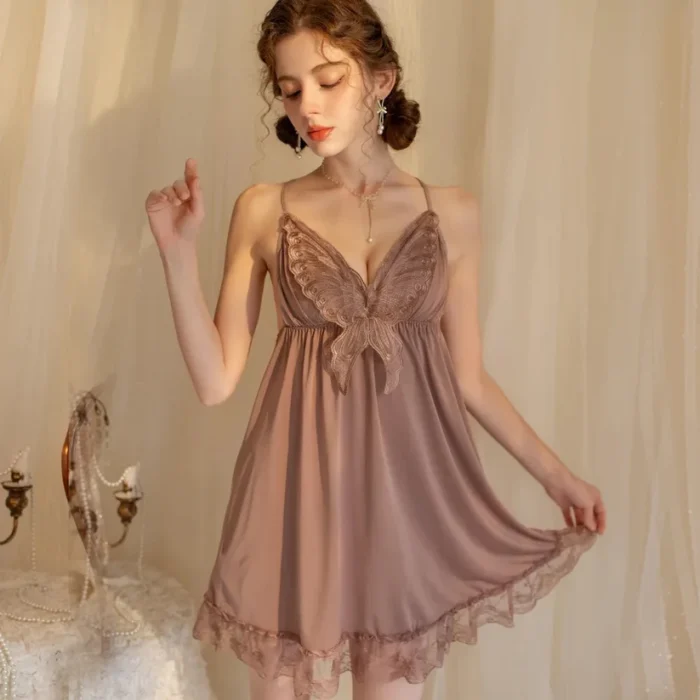 V-Neck Floral Lace Front Butterfly Lingerie – Satin Silk Nighty - Image 5