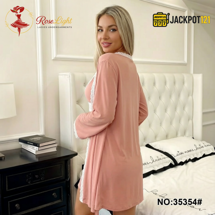2 Piece Lace Trim Satin Nighty Set – Elegant Dusty Rose Sleepwear - Image 4