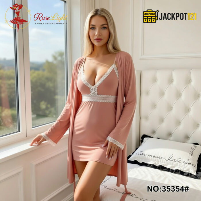 2 Piece Lace Trim Satin Nighty Set – Elegant Dusty Rose Sleepwear - Image 10