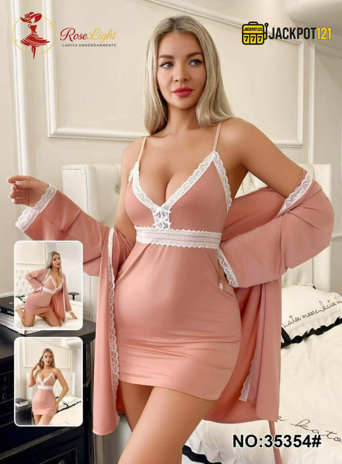 2 Piece Lace Trim Satin Nighty Set – Elegant Dusty Rose Sleepwear - Image 13