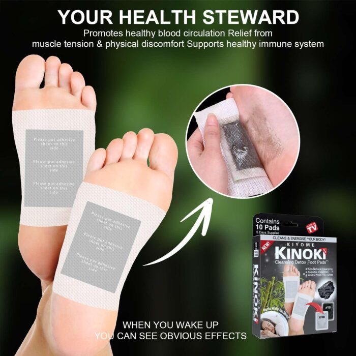 Kiyome Kinoki Detox Foot Pads - Soothing Wormwood Scent - for Cleansing Remove Toxins,10 Pads Charcoal Deep Cleansing Detoxify Blood Circulation Foot Pad,Stress & Pain Relief Sleep Patch for Men & Women,Weight loss & Detoxification (Charcoal10 Pads) - Image 8