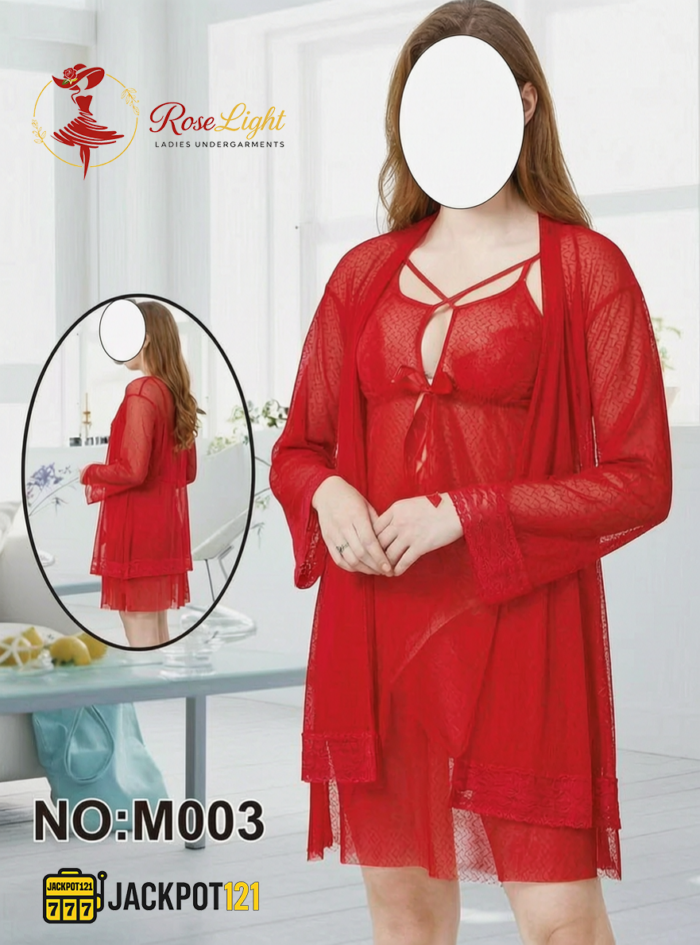 3 Piece Red Lace Net Nighty Set – Premium Romantic Luxury Wear - Image 3