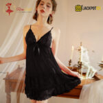 Double Lace Deep V-Neck Backless Nighty – 2 Piece Set - Image 7