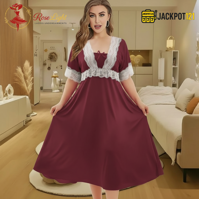Elegant Lace Contrast Satin Nighty – Soft Comfort Luxury Wear - Image 4