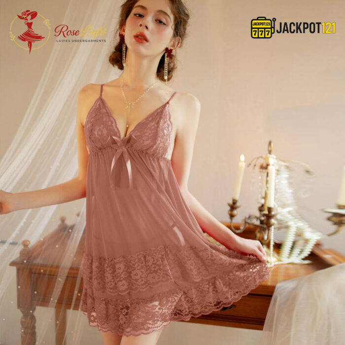 Double Lace Deep V-Neck Backless Nighty – 2 Piece Set - Image 12