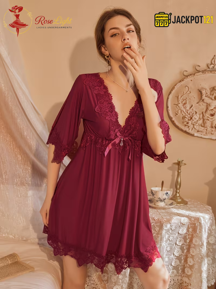 Sexy Lace V-Neck Bow Nightgown – Elegant Soft Lace Sleepwear - Image 3
