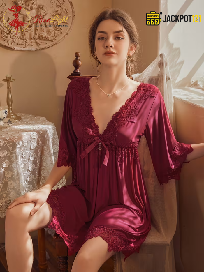 Sexy Lace V-Neck Bow Nightgown – Elegant Soft Lace Sleepwear - Image 5