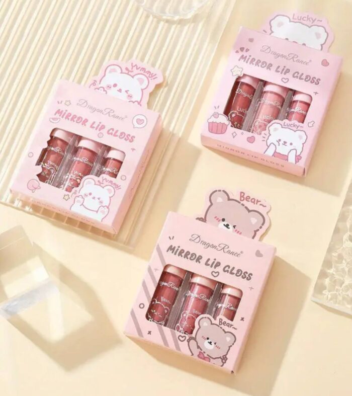 3Pcs Glossy Lip Gloss Moisturizing Dry Resistance Lipstick Woman Sparkling Cartoon Lip Makeup - Image 3