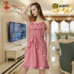 Elegant Lace Layered Nighty – Premium Soft Net Sleepwear (Dusty Pink) - Image 2