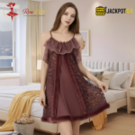 Elegant Lace Layered Nighty – Premium Soft Net Sleepwear (Mauve Brown) - Image 2